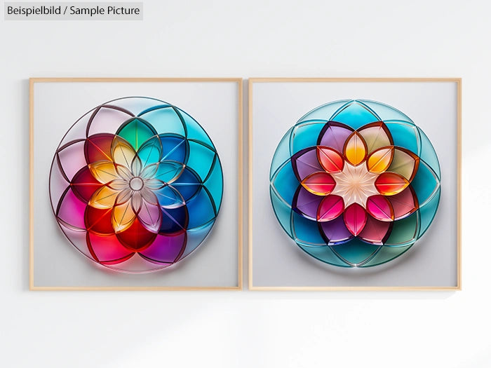 Two vibrant geometric mandala artworks featuring intricate, colorful layered patterns in circular frames.