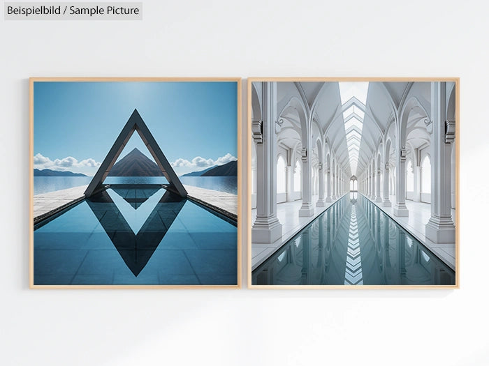 Two framed photos: left shows a pyramid reflection on a pool; right shows a symmetrical corridor with a reflecting pool.