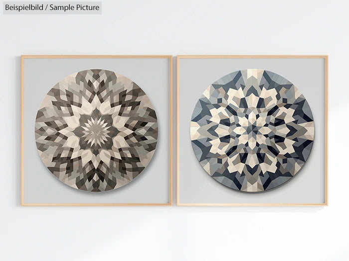 Two framed geometric mandala designs in brown and blue tones against a light background.