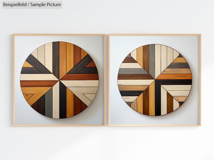 Two geometric wooden circle artworks with triangular segments in various wood tones against a white background.