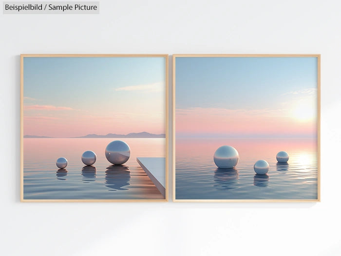 Two framed artworks featuring surreal seascapes with floating spheres under a pastel sky.