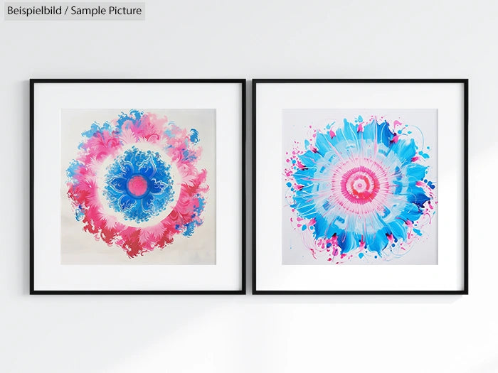 Two abstract paintings; one with pink and blue swirls, the other with vibrant blue and pink radial patterns.