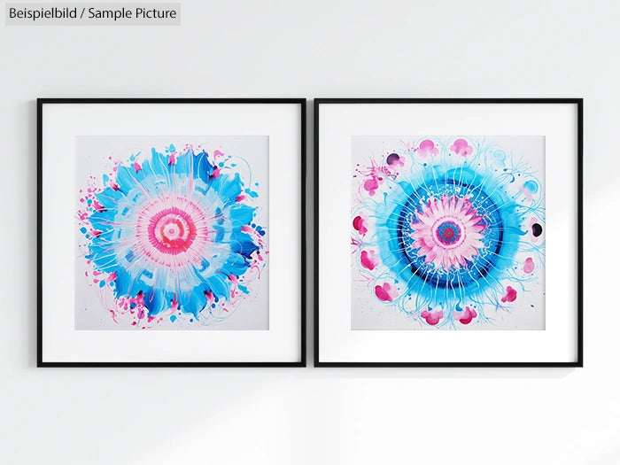 Two framed abstract artworks, one pink and blue, the other predominantly blue, featuring radial, circular designs.