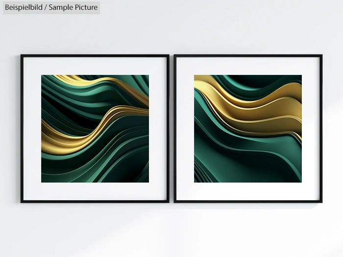 Two framed abstract artworks with layered green and gold wave patterns on a light wall.