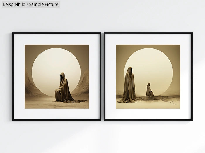 Two framed abstract art pieces with hooded figures against a circular halo background.