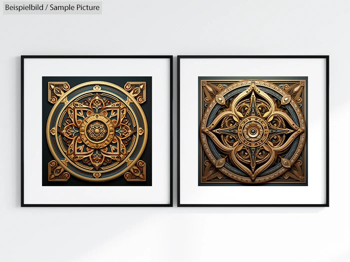 Pair of framed ornate mandala designs in gold and brown on a white wall.