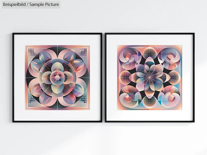 Two framed abstract artworks with circular and floral patterns in pastel colors, displayed on a white wall.