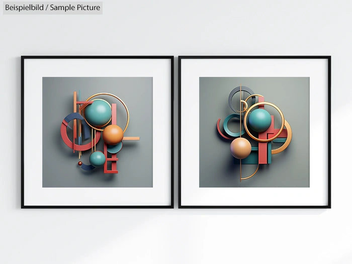 Two abstract geometric artworks in frames with spheres and circular forms in teal and orange on a gray background.