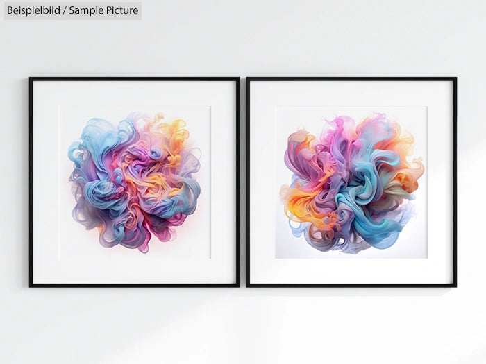 Two framed abstract paintings with colorful swirls, one in pastel blues and purples, the other in warm yellows and pinks.