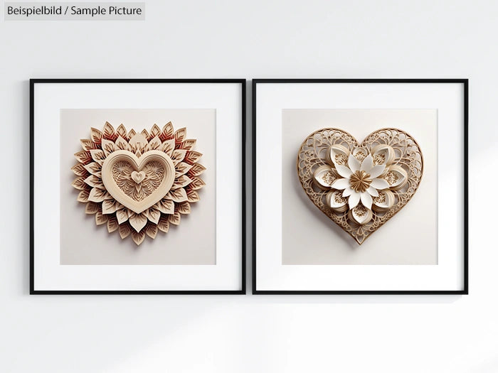 Two framed artworks featuring intricate paper heart designs with floral patterns, displayed on a white wall.