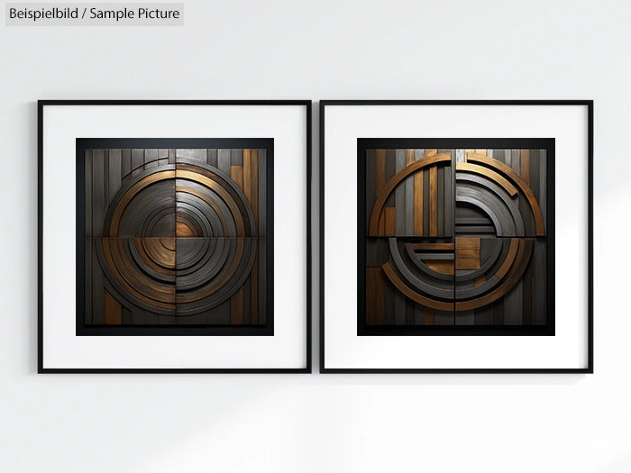 Two framed geometric wood art pieces with circular designs, featuring concentric and segmented wood patterns.