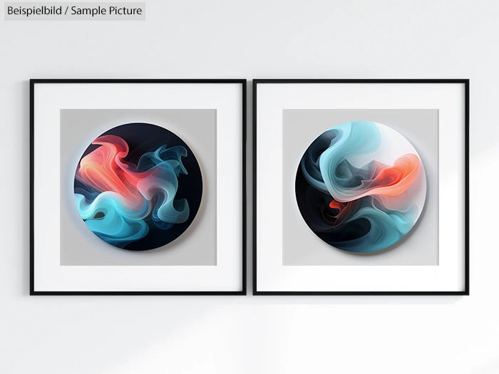 Two framed abstract artworks with swirling colors; left has red and turquoise, right has blue and orange hues.