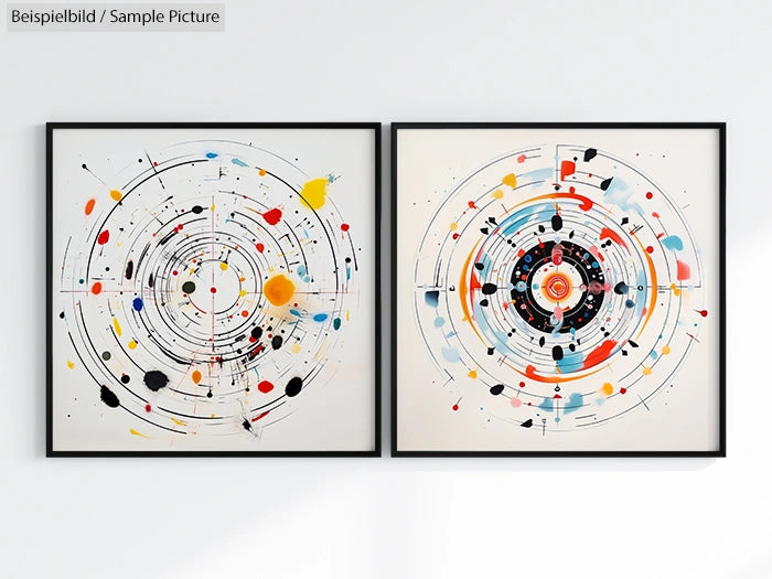 Abstract paintings on white background with colorful circular patterns and splatters in black frames.