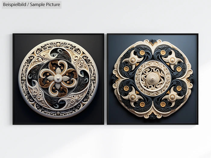 Two intricate circular carvings with spirals, swirls, and ornate patterns in black, white, and gold tones.