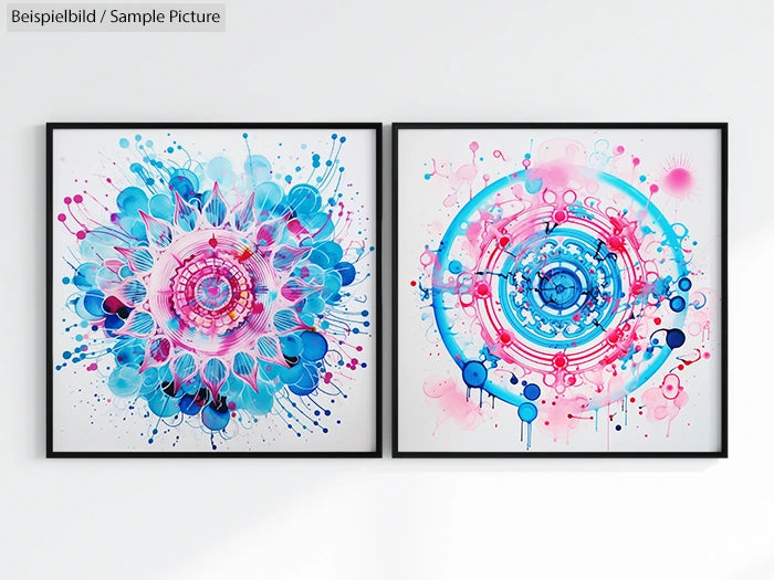 Two abstract paintings featuring vibrant blue and pink circular patterns with intricate geometric designs.