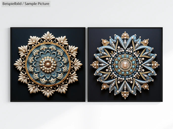 Two intricate mandala artworks with 3D floral and beaded designs on black backgrounds, featuring blue, gold, and beige tones.