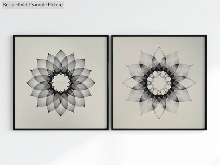 Two framed geometric floral art prints with black and gray tones on a light wall.