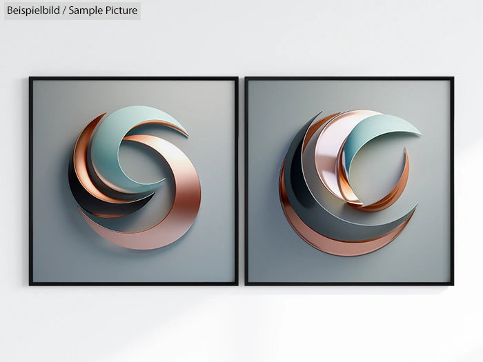 Two framed abstract art pieces with copper and teal spiral shapes on a light gray background.