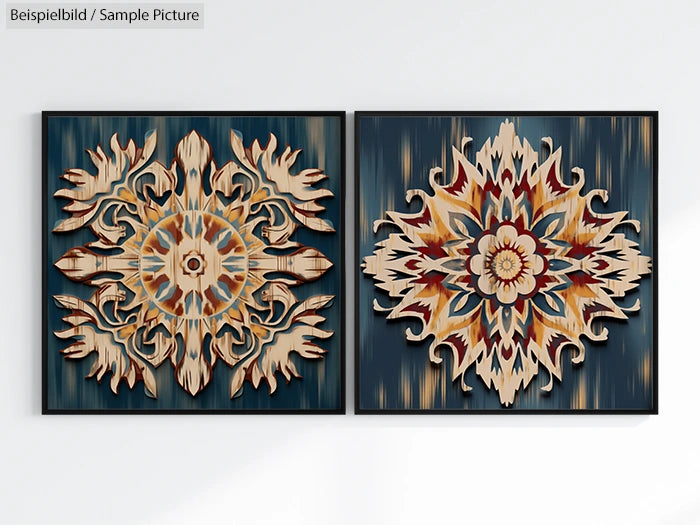 Two framed abstract art pieces with intricate floral designs on a deep teal background, in warm earthy tones.