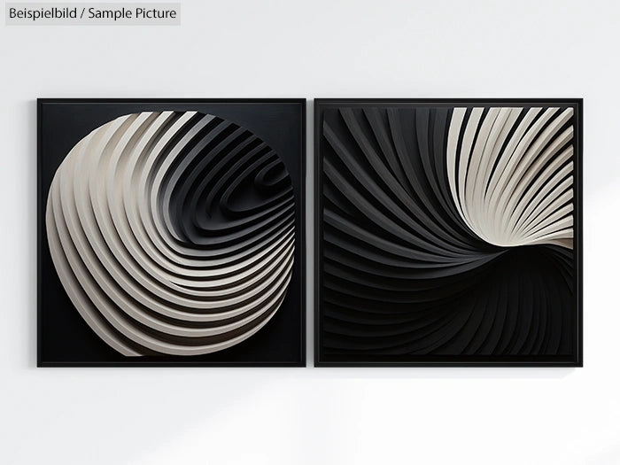 Abstract geometric artwork with black and white spiral patterns on two square canvases.