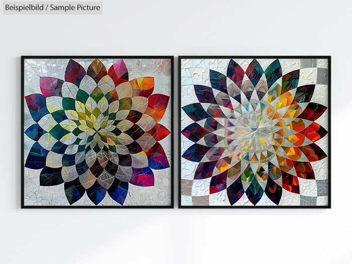 Two framed geometric mandala art pieces with colorful petal designs, one in vibrant colors, the other in muted tones.