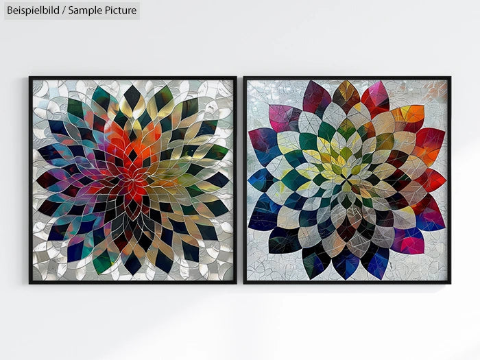 Two framed abstract floral mosaic artworks with vibrant multicolored patterns on a white wall.