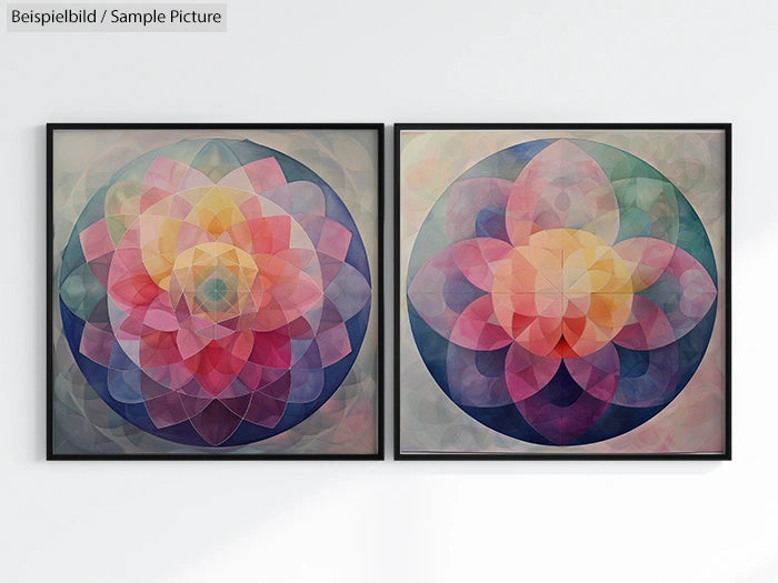 Two framed abstract geometric artworks with colorful overlapping circles forming complex patterns.