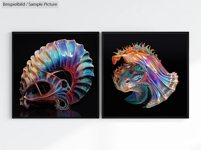 Two framed abstract sculptures with iridescent, swirling designs displayed on a white wall.