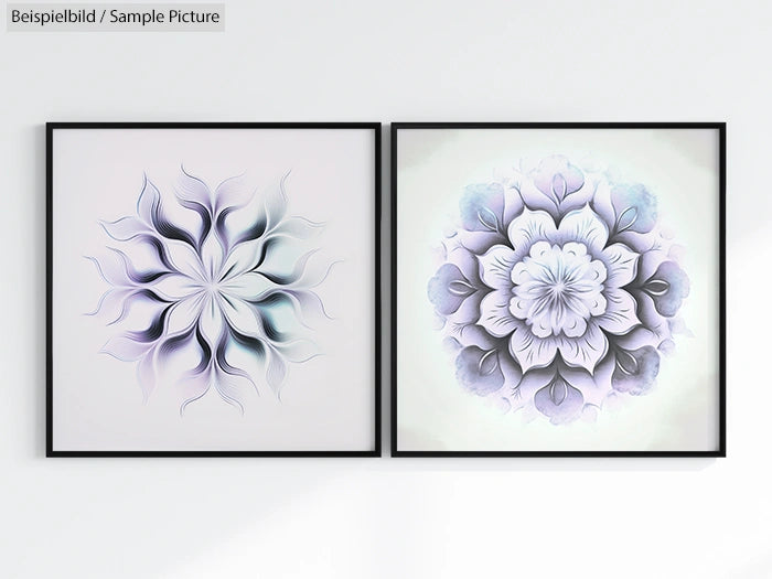 Two framed abstract flower designs, one with swirling petals and the other with layered petals, in white and gray tones.