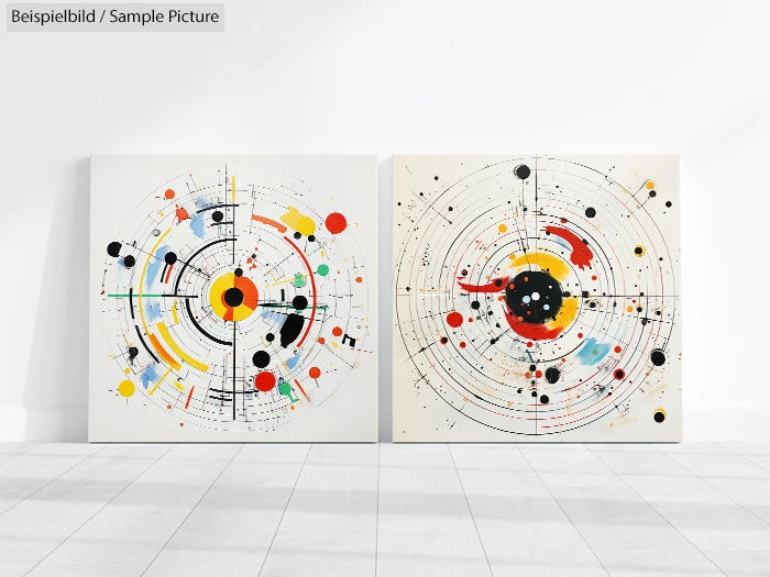 Two abstract paintings with circular patterns and colorful spots on a white wall.