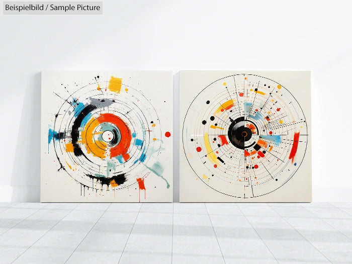 Two abstract paintings on a white wall with circular designs in vibrant colors like red, orange, and blue.