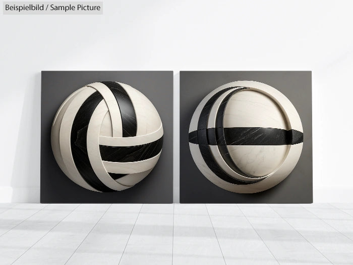 Two abstract art pieces featuring black and white geometric designs on a gray background, displayed on a white floor.