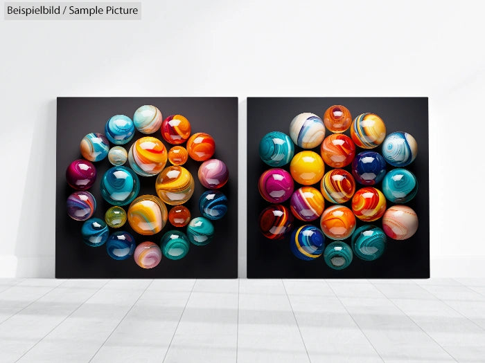 Two art pieces with colorful glass spheres mounted on black squares, displayed on a white wall.