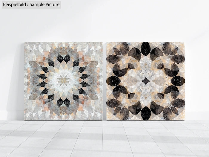 Two abstract geometric artworks with symmetrical floral patterns in earthy tones on a white floor and wall background.