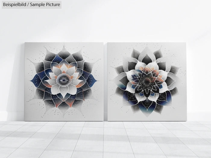 Pair of geometric floral art pieces on white tiles, displayed in a minimalistic room with tiled floor.