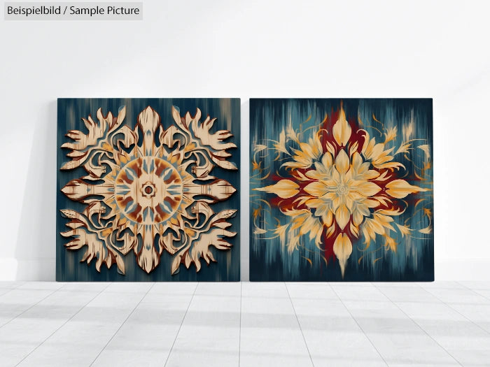 Two decorative panels with intricate mandala designs in earthy tones, displayed on a light-colored floor.