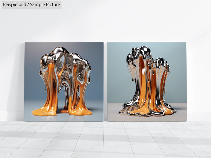 Two abstract artworks with metallic and orange fluid-like forms on square canvases in a gallery setting.