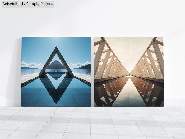 Two abstract architectural photos with triangular shapes reflected on water, showcasing symmetry and modern design.