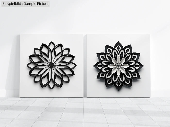 Two 3D black floral pattern artworks on white canvas, displayed on a light floor.