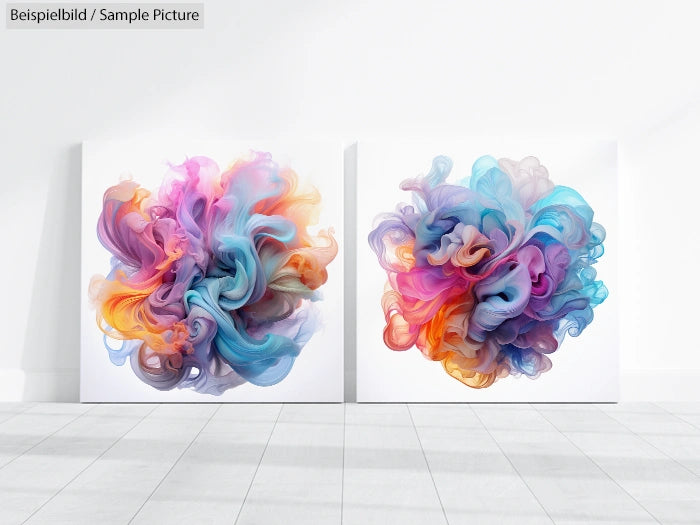 Two abstract paintings with vibrant, swirling colors displayed on a white wall.