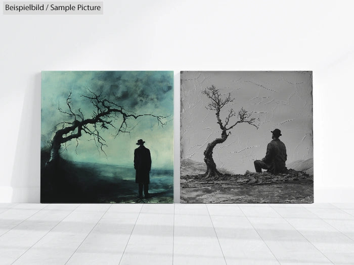 Two paintings: left has a silhouetted figure and tree on a misty landscape; right depicts a man sitting under a bare tree.