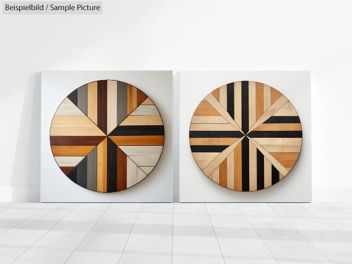 Two circular wooden artworks with geometric patterns of contrasting natural tones displayed on white panels.