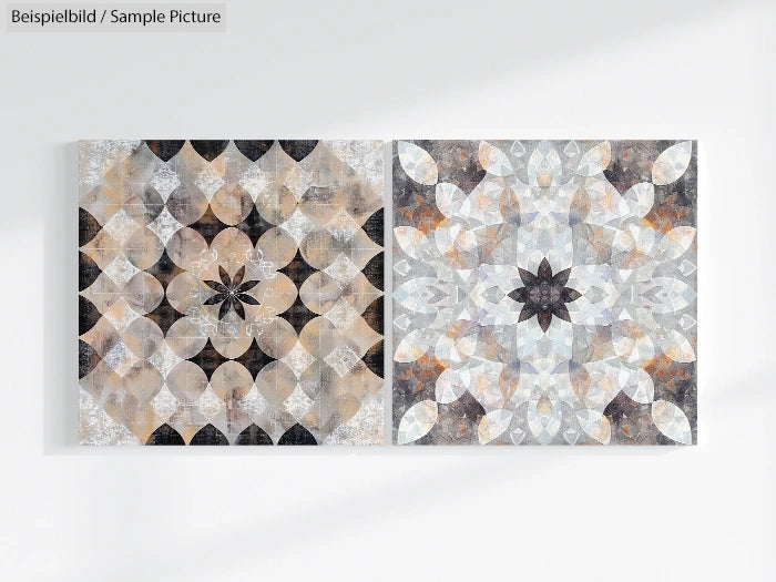 Two geometric abstract paintings with circular and floral patterns in earthy and neutral tones on a white background.