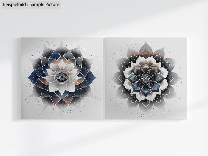 Two floral mandala designs in black, white, and blue tones on a light background.