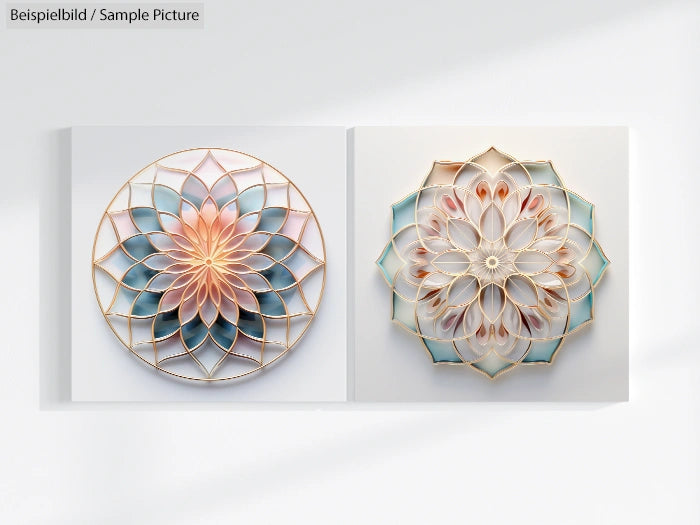 Two geometric floral designs with overlapping pastel petals and metallic edges on a light background.