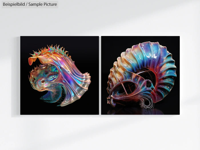 Two abstract 3D sculptures with iridescent colors, one resembling a sea creature and the other a spiraled shell.