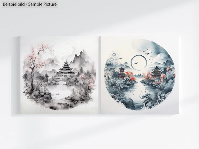 Two paintings depicting serene landscapes with pagodas, cherry blossoms, and mountains; one in monochrome and one in color.