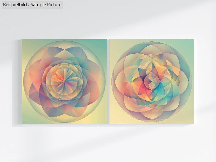 Two geometric abstract artworks with overlapping pastel circles on a light background, creating a layered, kaleidoscopic effect.