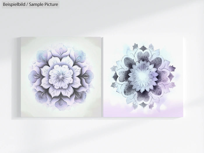 Two abstract floral designs in soft pastel shades of purple and blue on a bright background.