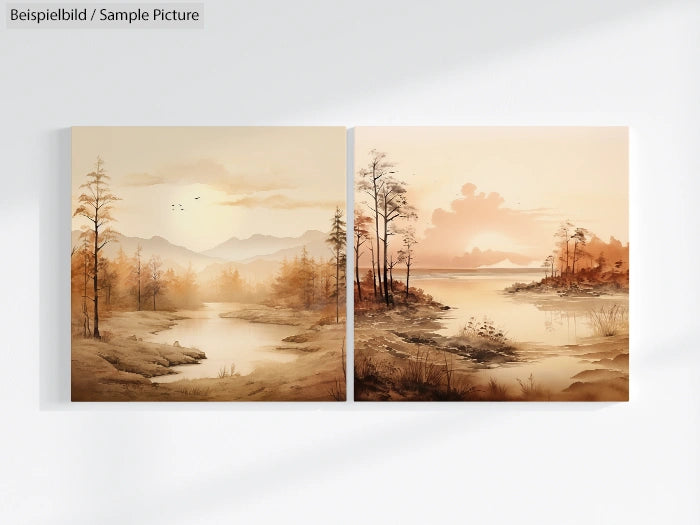 Diptych landscape paintings with misty river, trees, and mountains in neutral tones under a serene sky.